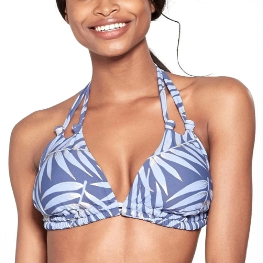 Xhiliration Blue Palm print Adjustable Straps Swimsuit Bikini Top